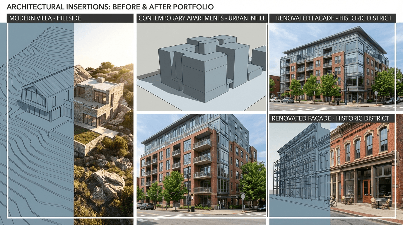 Architectural insertion examples — before/after